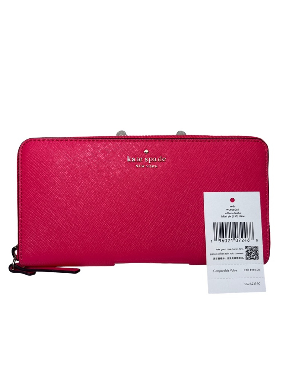 kate spade Hot Pink Zip-Around Leather Wallet NWT